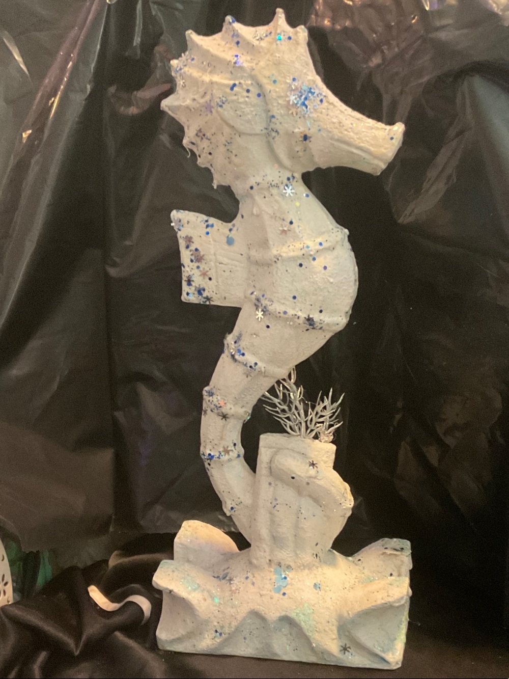 White Decorative 18 “Seahorse Sculpture with Blue Accents